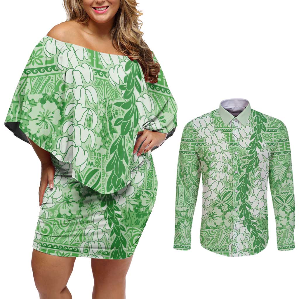 Green Puakenikeni and Maile Lei Couples Matching Off Shoulder Short Dress and Long Sleeve Button Shirt Hawaiian Style Tribal Tapa Double Strand Lei