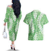 Green Puakenikeni and Maile Lei Couples Matching Off The Shoulder Long Sleeve Dress and Hawaiian Shirt Hawaiian Style Tribal Tapa Double Strand Lei
