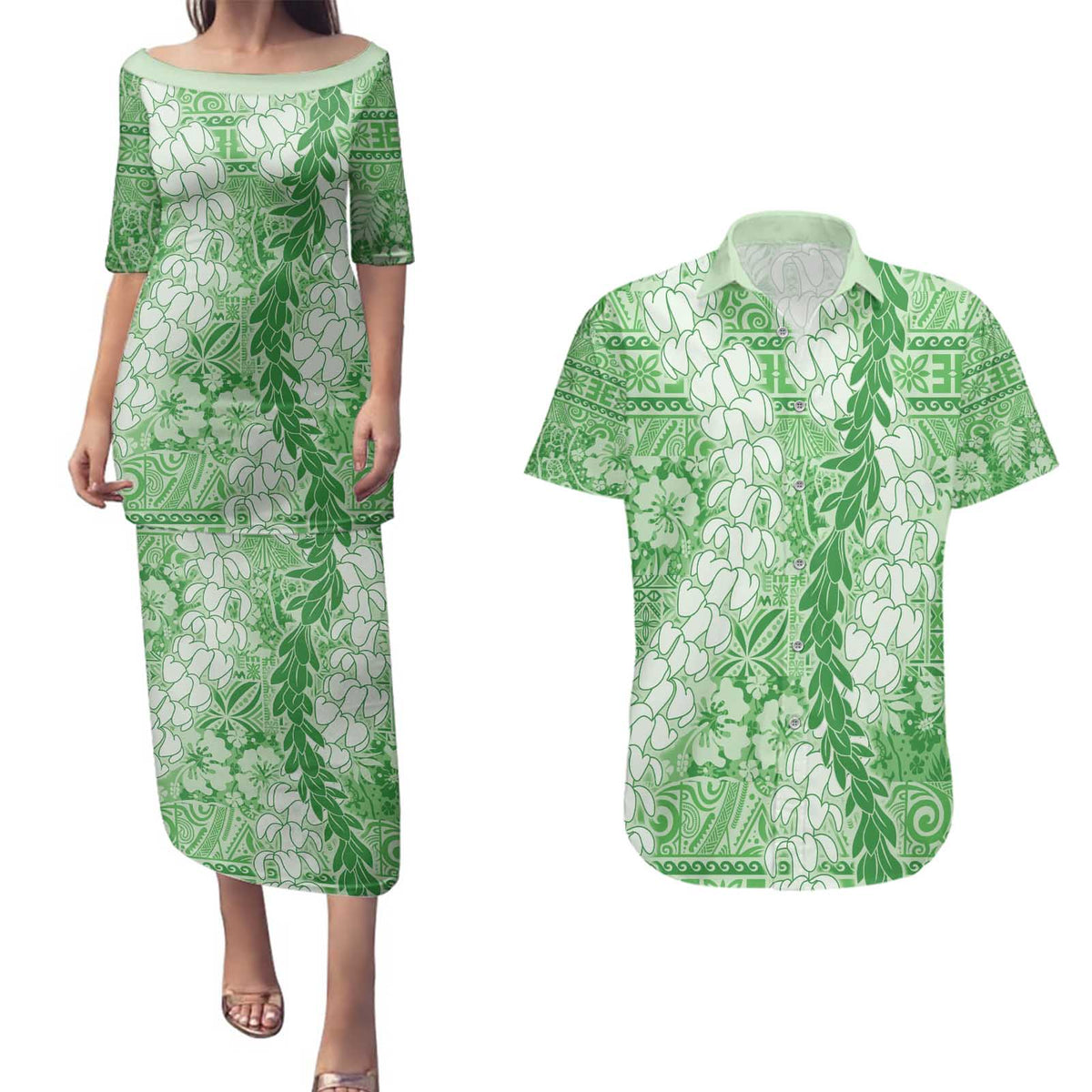 Green Puakenikeni and Maile Lei Couples Matching Puletasi and Hawaiian Shirt Hawaiian Style Tribal Tapa Double Strand Lei