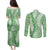 Green Puakenikeni and Maile Lei Couples Matching Puletasi and Long Sleeve Button Shirt Hawaiian Style Tribal Tapa Double Strand Lei