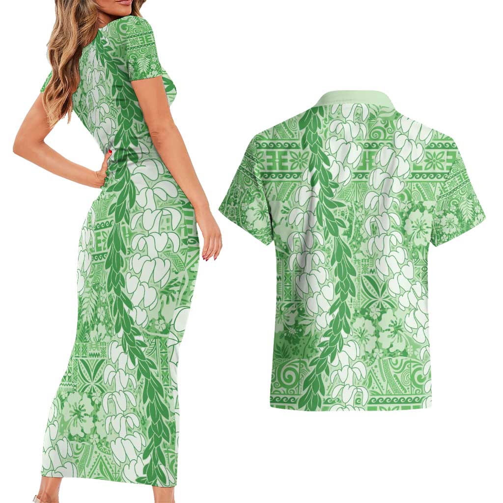 Green Puakenikeni and Maile Lei Couples Matching Short Sleeve Bodycon Dress and Hawaiian Shirt Hawaiian Style Tribal Tapa Double Strand Lei
