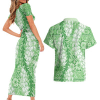 Green Puakenikeni and Maile Lei Couples Matching Short Sleeve Bodycon Dress and Hawaiian Shirt Hawaiian Style Tribal Tapa Double Strand Lei