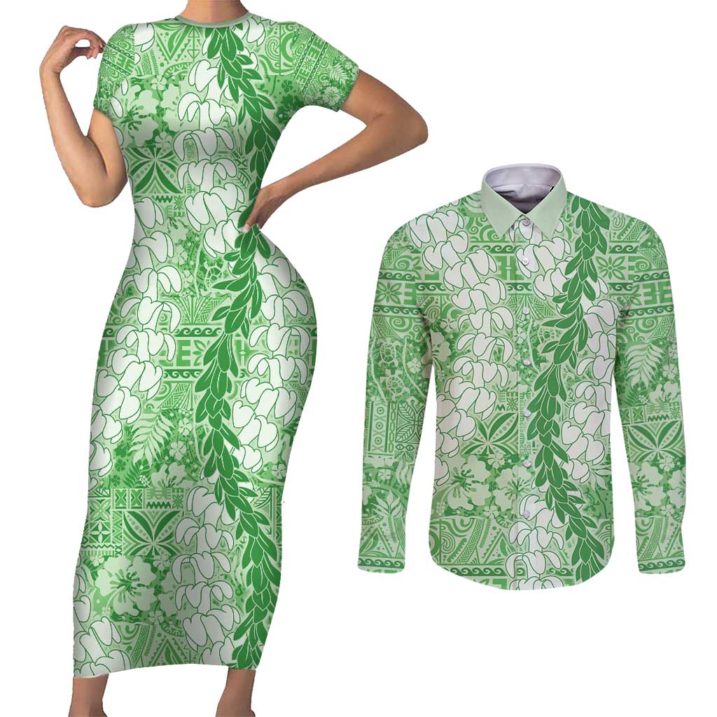 Green Puakenikeni and Maile Lei Couples Matching Short Sleeve Bodycon Dress and Long Sleeve Button Shirt Hawaiian Style Tribal Tapa Double Strand Lei