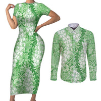 Green Puakenikeni and Maile Lei Couples Matching Short Sleeve Bodycon Dress and Long Sleeve Button Shirt Hawaiian Style Tribal Tapa Double Strand Lei