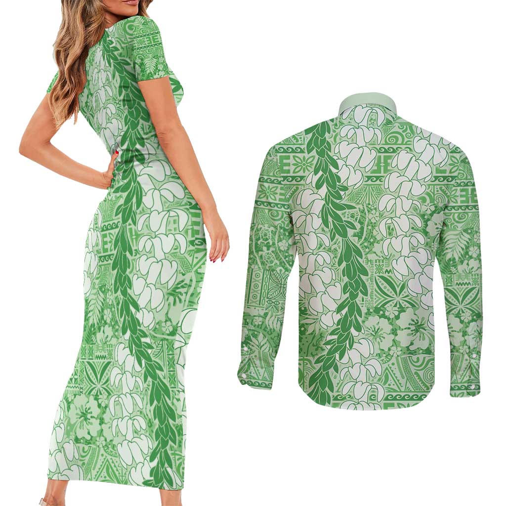 Green Puakenikeni and Maile Lei Couples Matching Short Sleeve Bodycon Dress and Long Sleeve Button Shirt Hawaiian Style Tribal Tapa Double Strand Lei