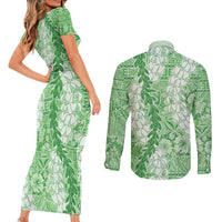 Green Puakenikeni and Maile Lei Couples Matching Short Sleeve Bodycon Dress and Long Sleeve Button Shirt Hawaiian Style Tribal Tapa Double Strand Lei