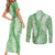 Green Puakenikeni and Maile Lei Couples Matching Short Sleeve Bodycon Dress and Long Sleeve Button Shirt Hawaiian Style Tribal Tapa Double Strand Lei