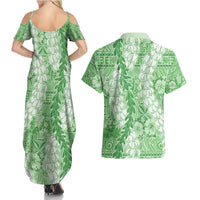 Green Puakenikeni and Maile Lei Couples Matching Summer Maxi Dress and Hawaiian Shirt Hawaiian Style Tribal Tapa Double Strand Lei