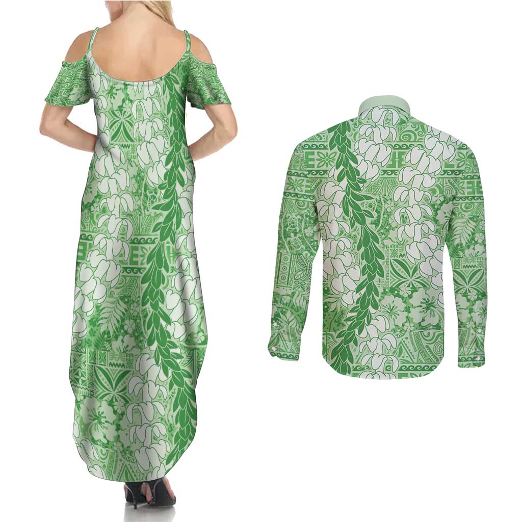 Green Puakenikeni and Maile Lei Couples Matching Summer Maxi Dress and Long Sleeve Button Shirt Hawaiian Style Tribal Tapa Double Strand Lei