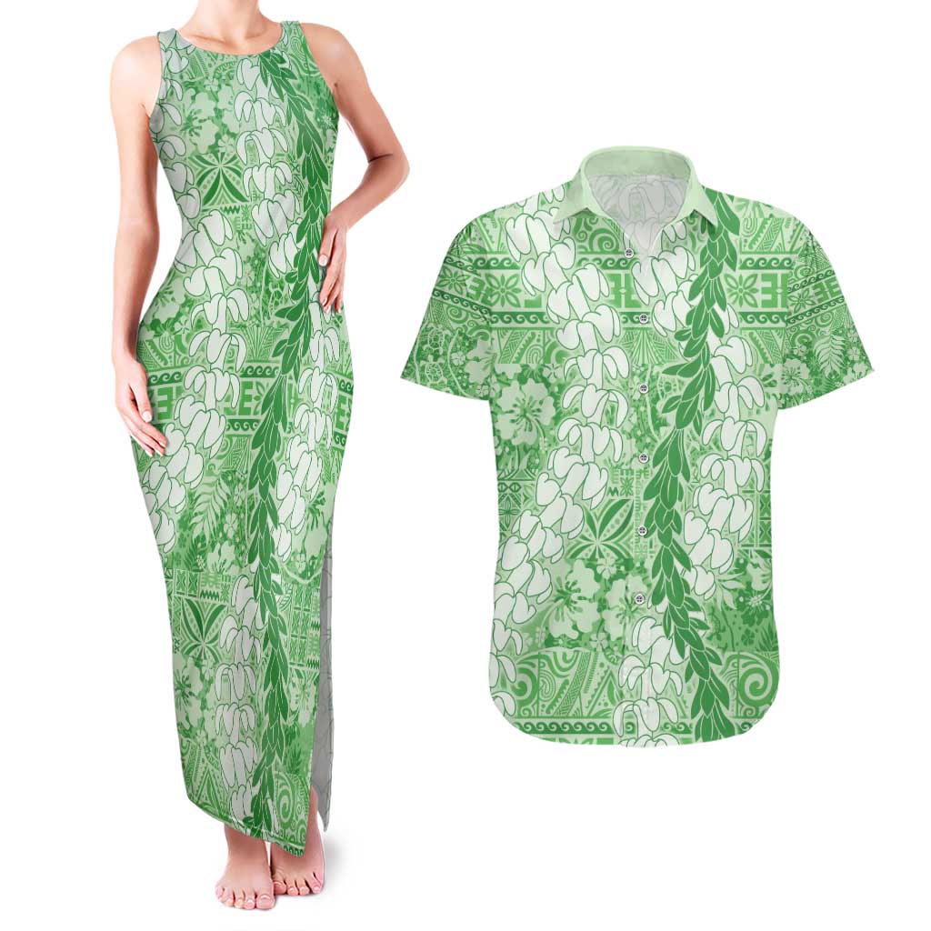 Green Puakenikeni and Maile Lei Couples Matching Tank Maxi Dress and Hawaiian Shirt Hawaiian Style Tribal Tapa Double Strand Lei