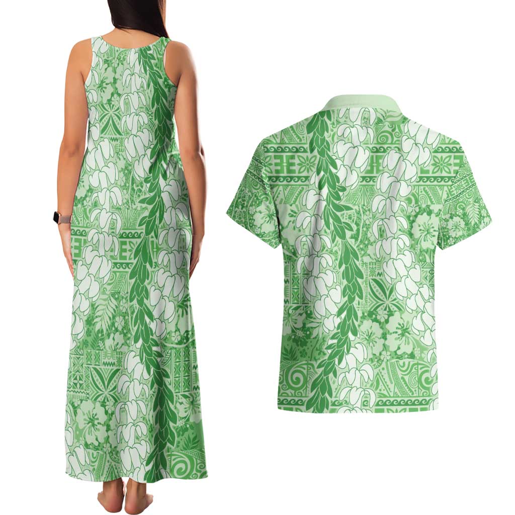 Green Puakenikeni and Maile Lei Couples Matching Tank Maxi Dress and Hawaiian Shirt Hawaiian Style Tribal Tapa Double Strand Lei