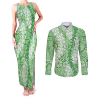 Green Puakenikeni and Maile Lei Couples Matching Tank Maxi Dress and Long Sleeve Button Shirt Hawaiian Style Tribal Tapa Double Strand Lei