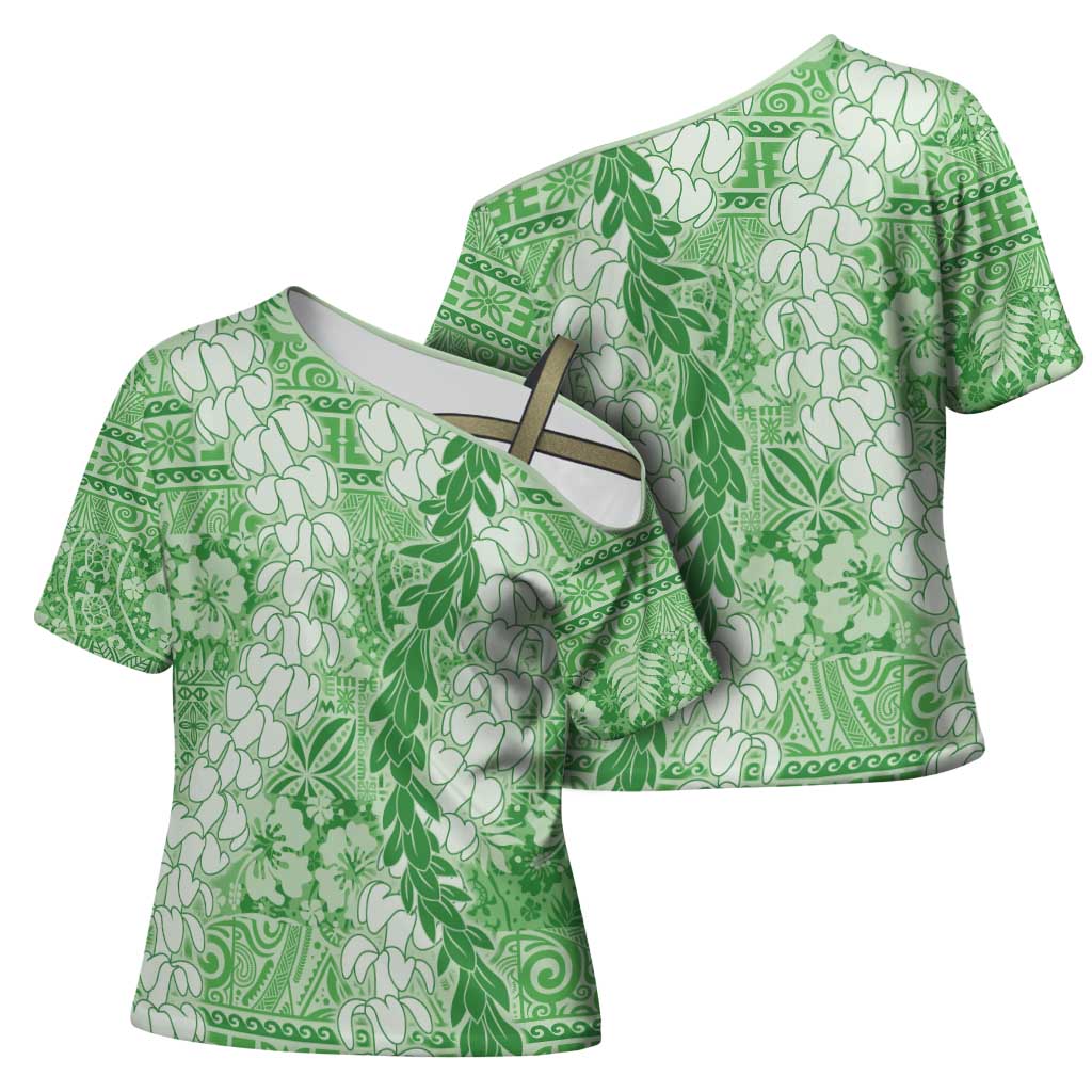 Green Puakenikeni and Maile Lei Cross Shoulder Shirt Hawaiian Style Tribal Tapa Double Strand Lei - Polynesian Pride
