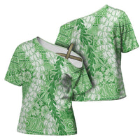 Green Puakenikeni and Maile Lei Cross Shoulder Shirt Hawaiian Style Tribal Tapa Double Strand Lei - Polynesian Pride