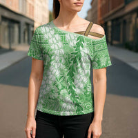 Green Puakenikeni and Maile Lei Cross Shoulder Shirt Hawaiian Style Tribal Tapa Double Strand Lei - Polynesian Pride