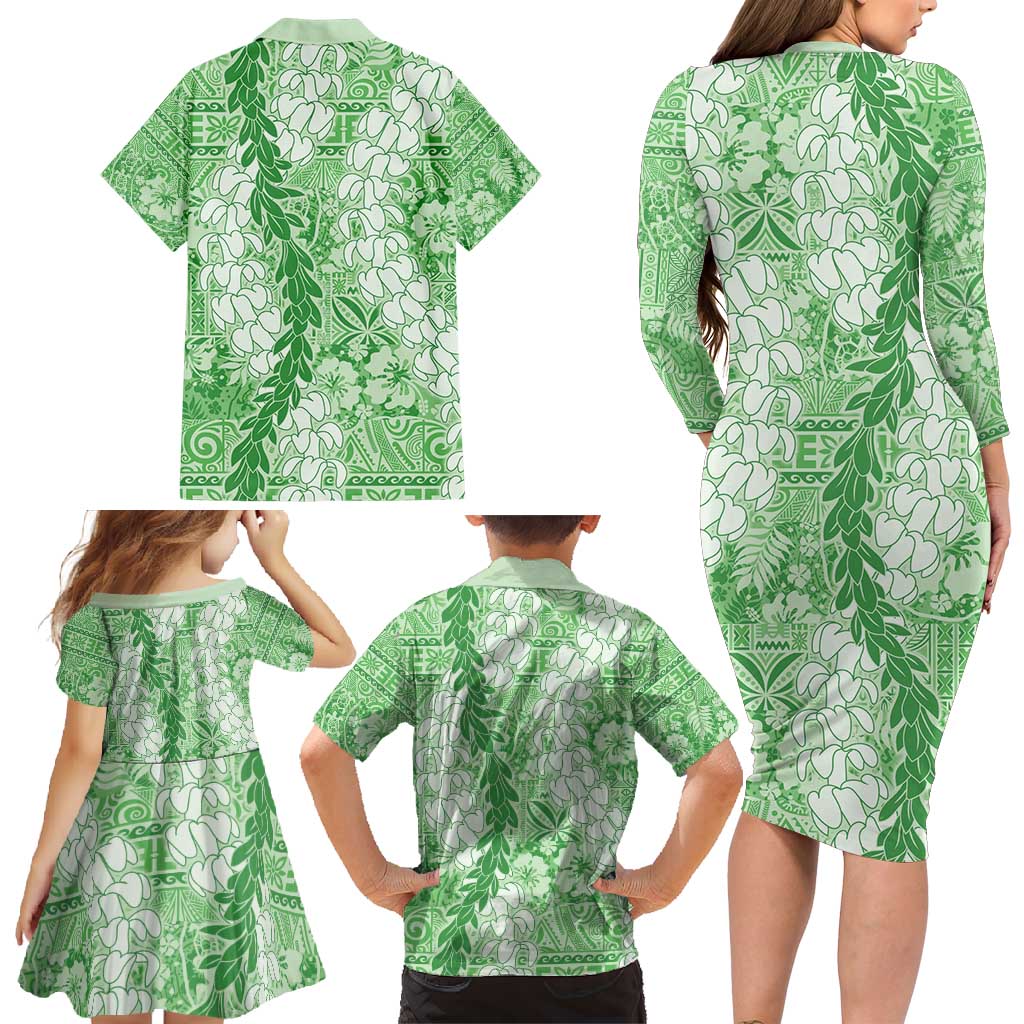 Green Puakenikeni and Maile Lei Family Matching Long Sleeve Bodycon Dress and Hawaiian Shirt Hawaiian Style Tribal Tapa Double Strand Lei