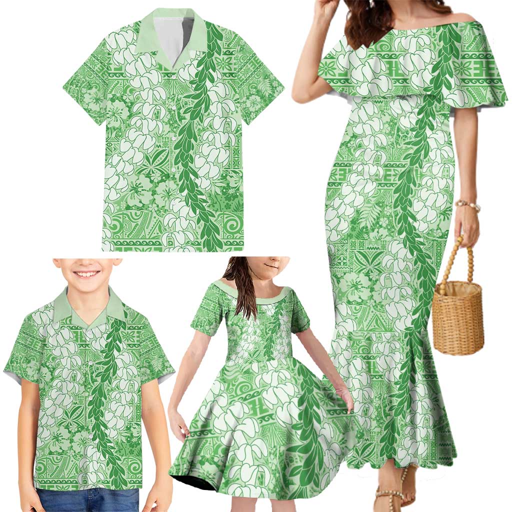 Green Puakenikeni and Maile Lei Family Matching Mermaid Dress and Hawaiian Shirt Hawaiian Style Tribal Tapa Double Strand Lei