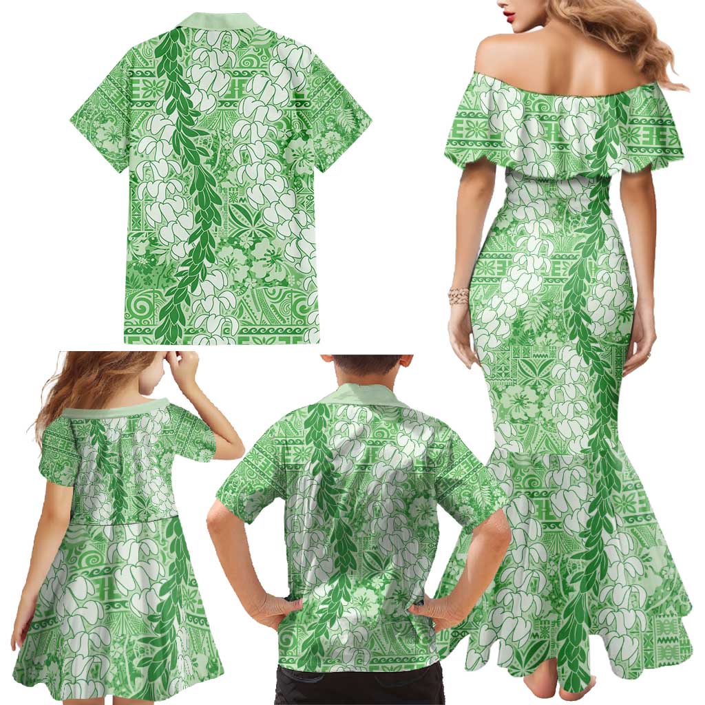 Green Puakenikeni and Maile Lei Family Matching Mermaid Dress and Hawaiian Shirt Hawaiian Style Tribal Tapa Double Strand Lei