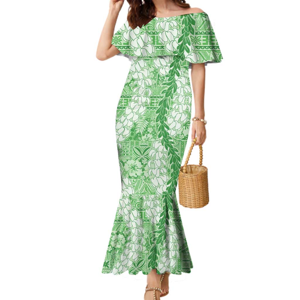 Green Puakenikeni and Maile Lei Family Matching Mermaid Dress and Hawaiian Shirt Hawaiian Style Tribal Tapa Double Strand Lei