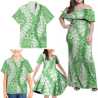 Green Puakenikeni and Maile Lei Family Matching Off Shoulder Maxi Dress and Hawaiian Shirt Hawaiian Style Tribal Tapa Double Strand Lei