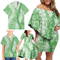 Green Puakenikeni and Maile Lei Family Matching Off Shoulder Short Dress and Hawaiian Shirt Hawaiian Style Tribal Tapa Double Strand Lei