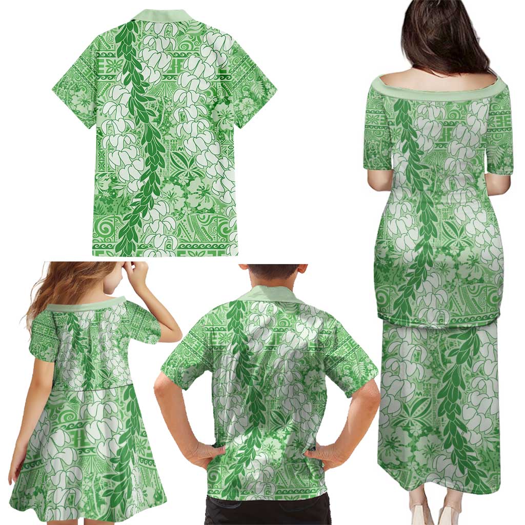 Green Puakenikeni and Maile Lei Family Matching Puletasi and Hawaiian Shirt Hawaiian Style Tribal Tapa Double Strand Lei