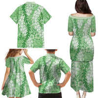 Green Puakenikeni and Maile Lei Family Matching Puletasi and Hawaiian Shirt Hawaiian Style Tribal Tapa Double Strand Lei