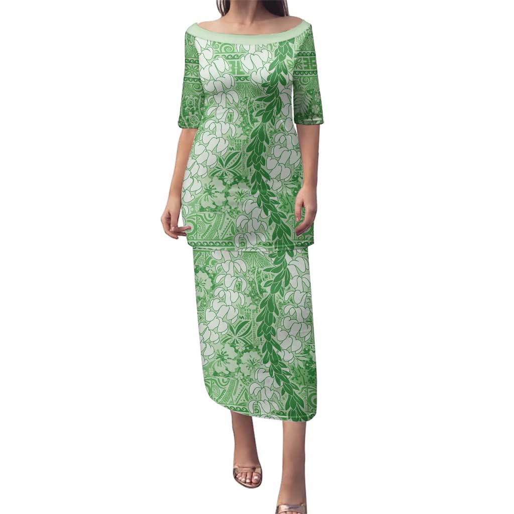 Green Puakenikeni and Maile Lei Family Matching Puletasi and Hawaiian Shirt Hawaiian Style Tribal Tapa Double Strand Lei