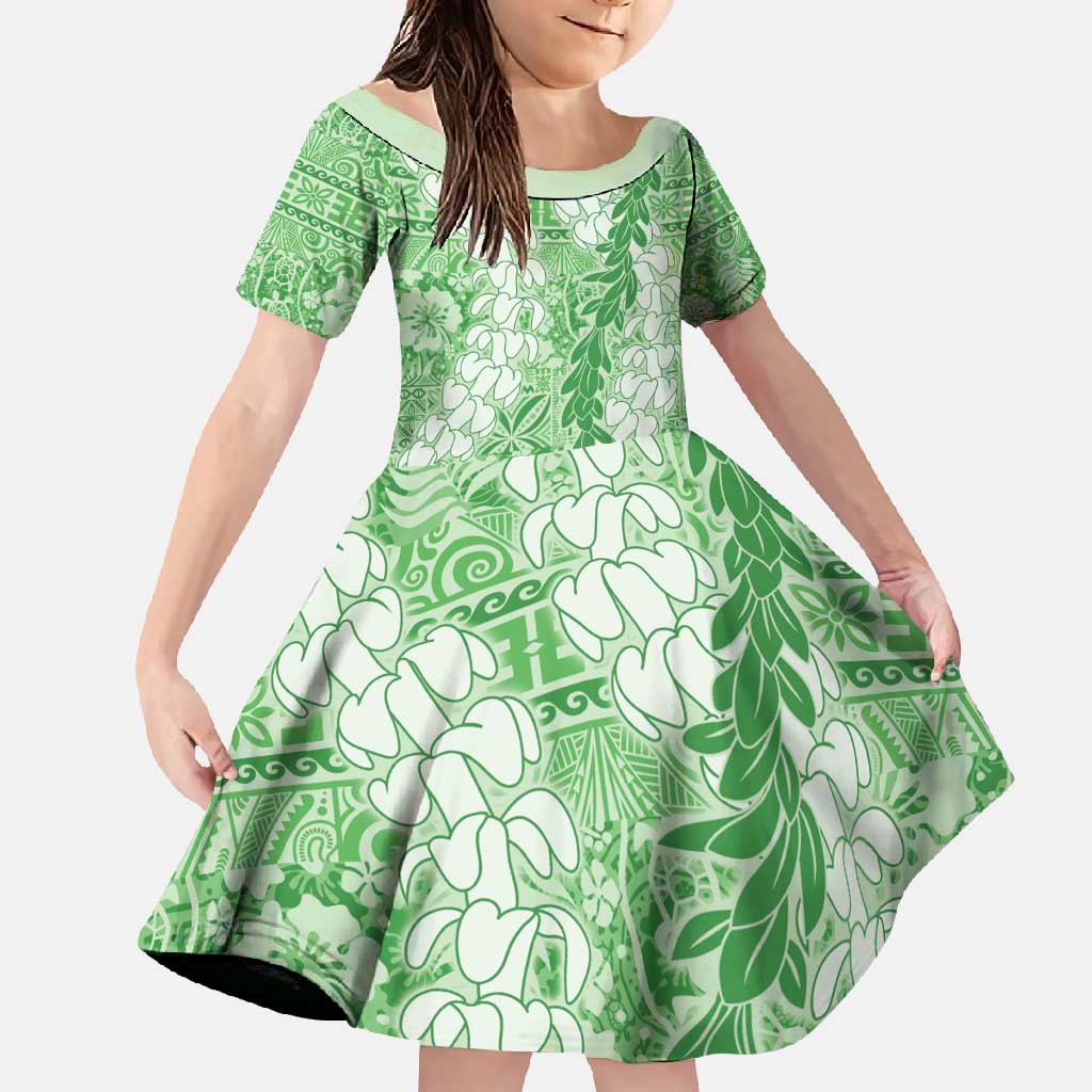 Green Puakenikeni and Maile Lei Family Matching Short Sleeve Bodycon Dress and Hawaiian Shirt Hawaiian Style Tribal Tapa Double Strand Lei