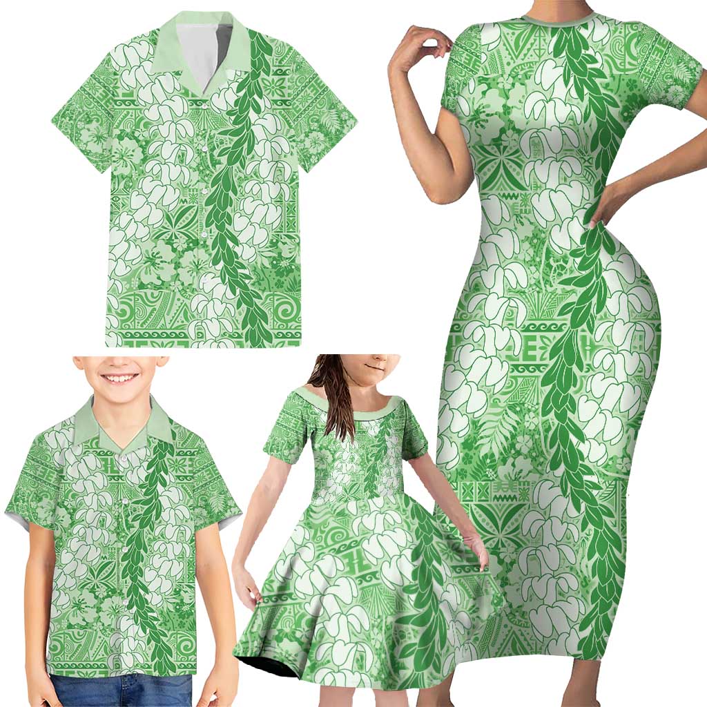 Green Puakenikeni and Maile Lei Family Matching Short Sleeve Bodycon Dress and Hawaiian Shirt Hawaiian Style Tribal Tapa Double Strand Lei