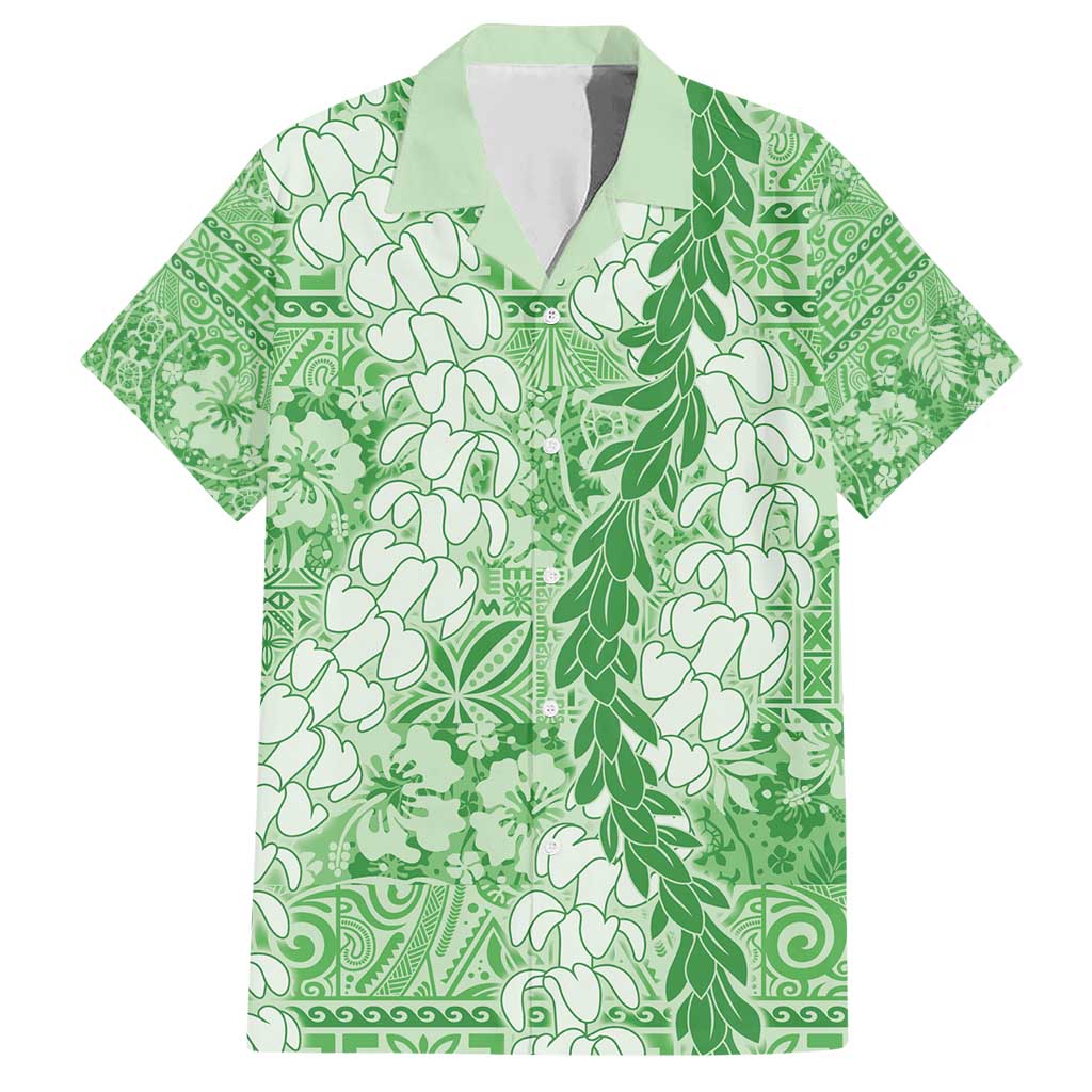 Green Puakenikeni and Maile Lei Family Matching Short Sleeve Bodycon Dress and Hawaiian Shirt Hawaiian Style Tribal Tapa Double Strand Lei