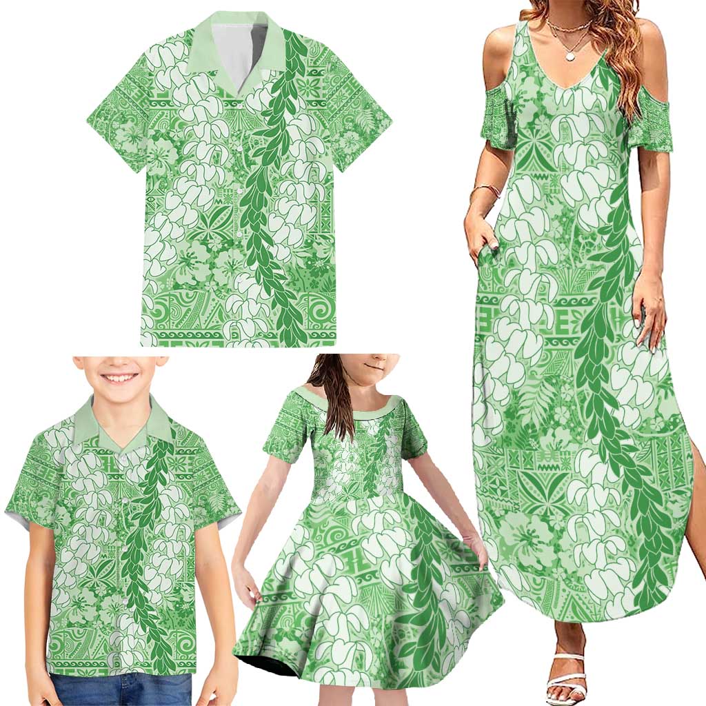 Green Puakenikeni and Maile Lei Family Matching Summer Maxi Dress and Hawaiian Shirt Hawaiian Style Tribal Tapa Double Strand Lei