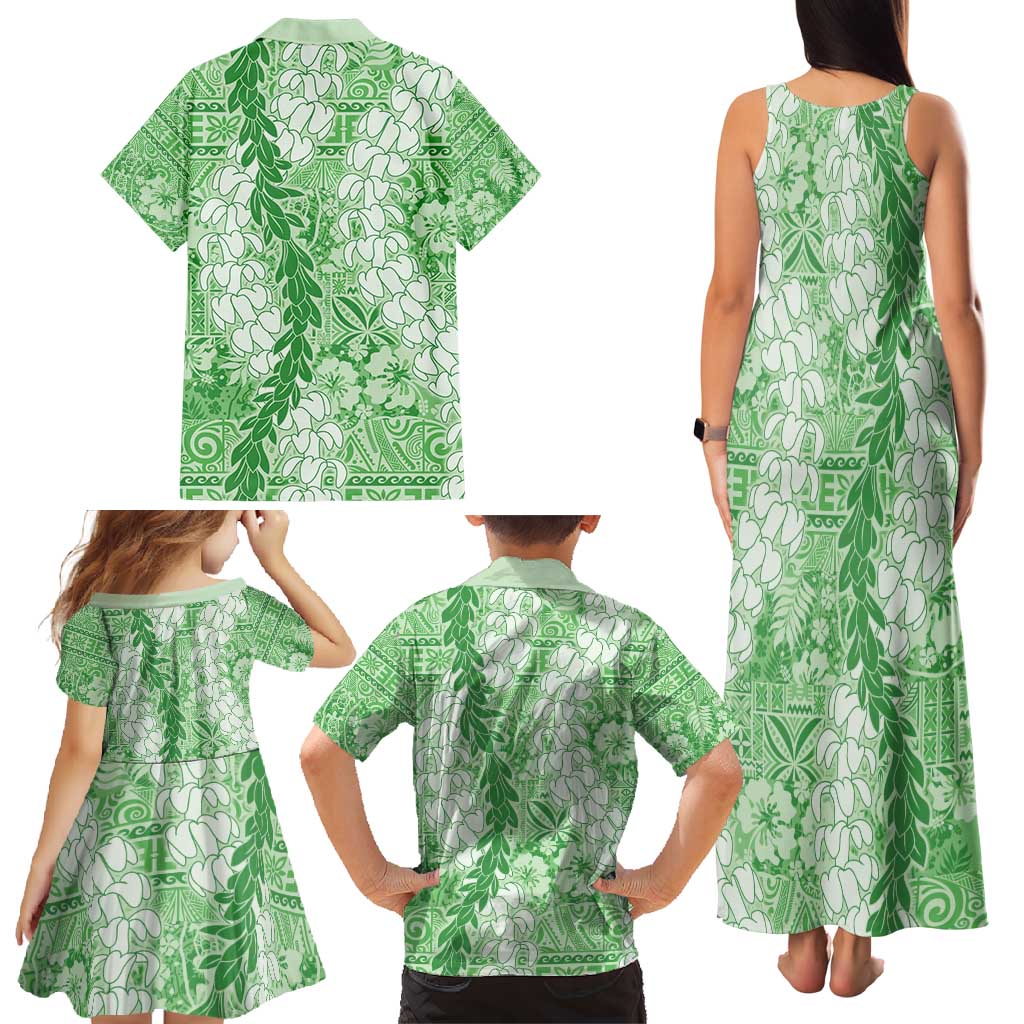 Green Puakenikeni and Maile Lei Family Matching Tank Maxi Dress and Hawaiian Shirt Hawaiian Style Tribal Tapa Double Strand Lei