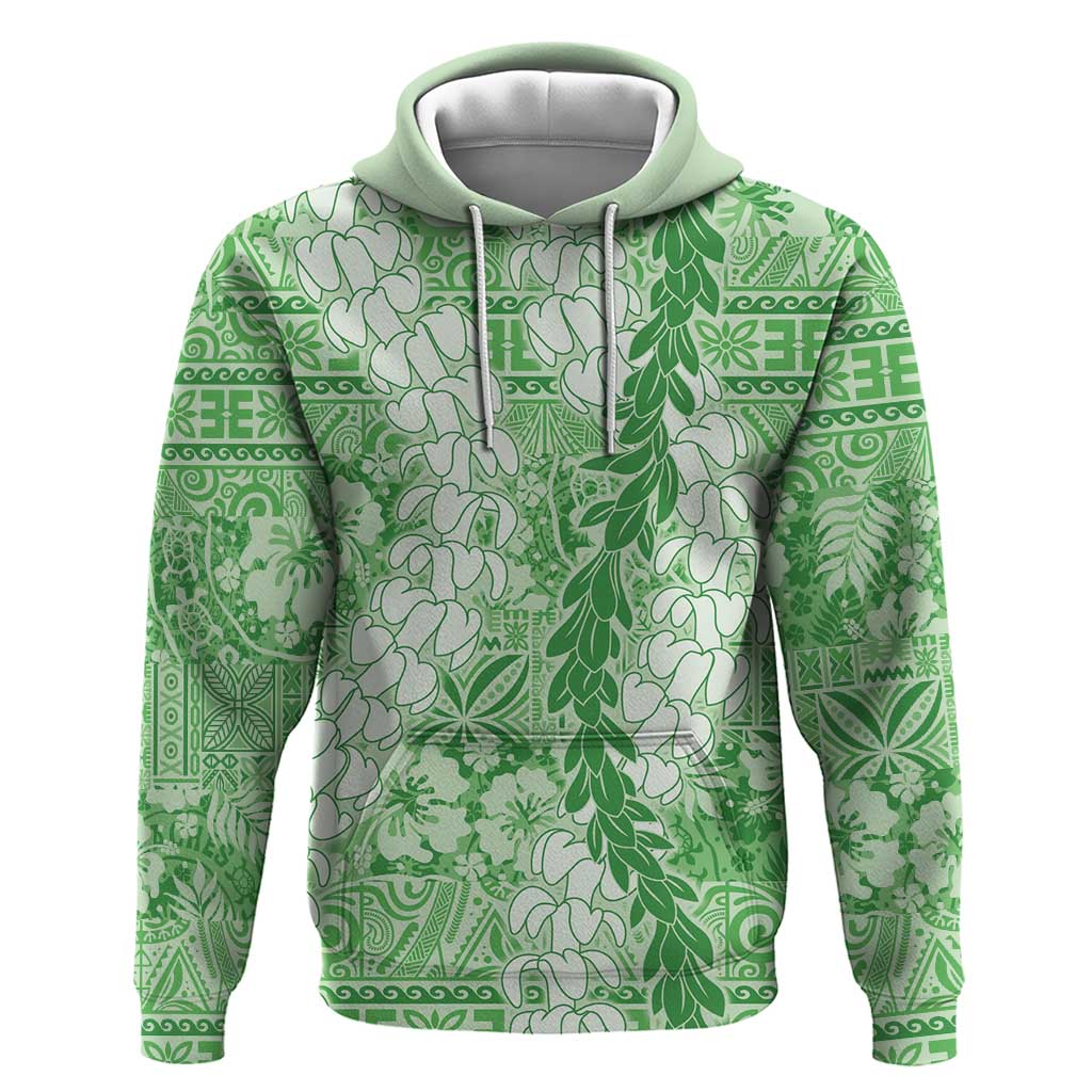 Green Puakenikeni and Maile Lei Hoodie Hawaiian Style Tribal Tapa Double Strand Lei