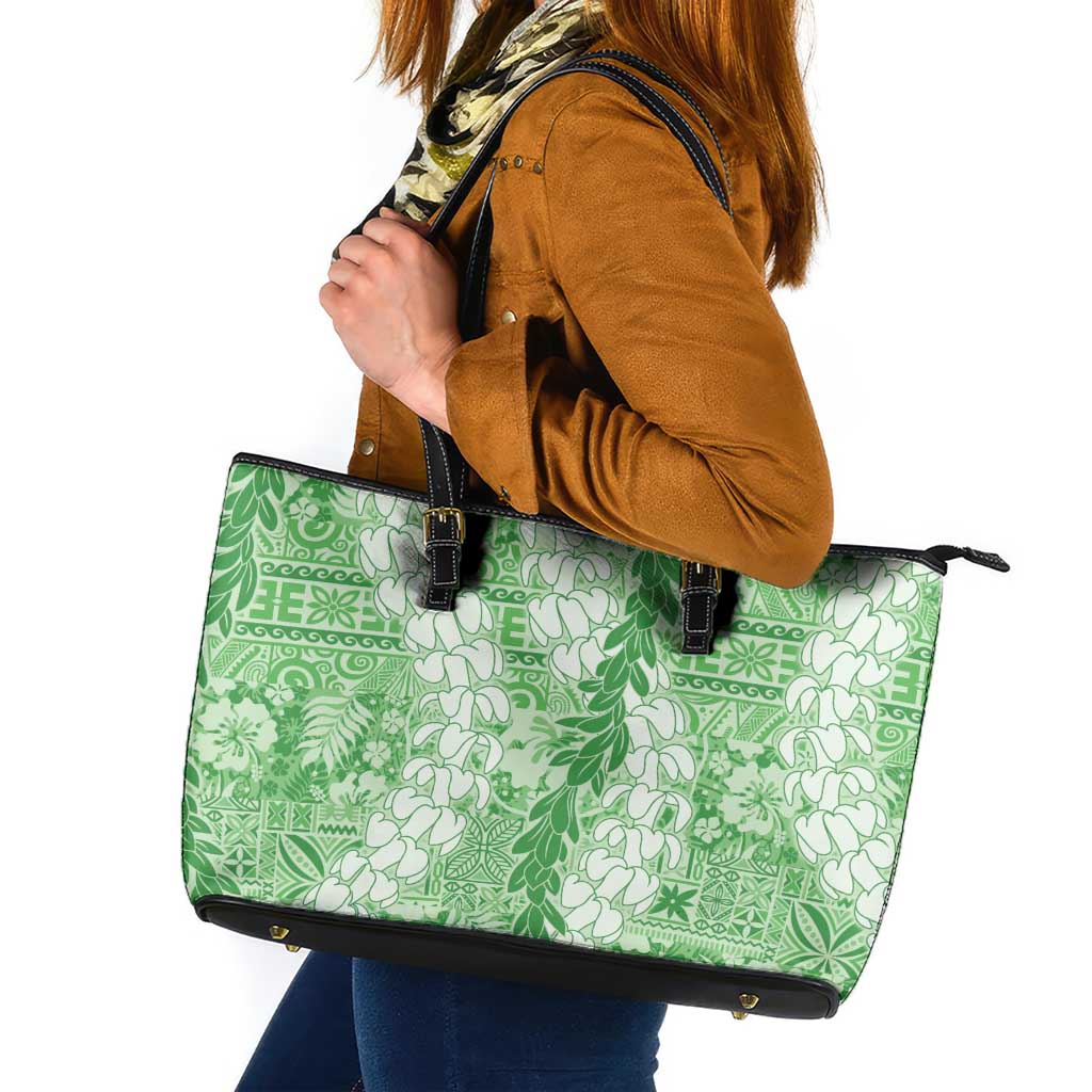 Green Puakenikeni and Maile Lei Leather Tote Bag Hawaiian Style Tribal Tapa Double Strand Lei