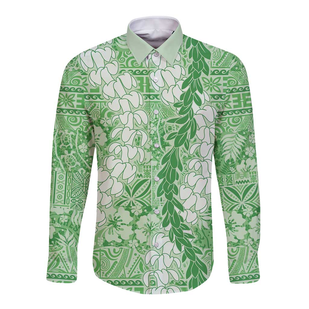 Green Puakenikeni and Maile Lei Long Sleeve Button Shirt Hawaiian Style Tribal Tapa Double Strand Lei