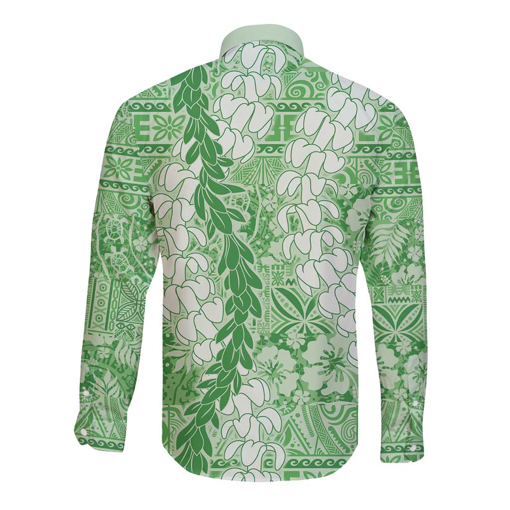 Green Puakenikeni and Maile Lei Long Sleeve Button Shirt Hawaiian Style Tribal Tapa Double Strand Lei