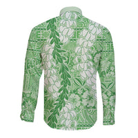 Green Puakenikeni and Maile Lei Long Sleeve Button Shirt Hawaiian Style Tribal Tapa Double Strand Lei