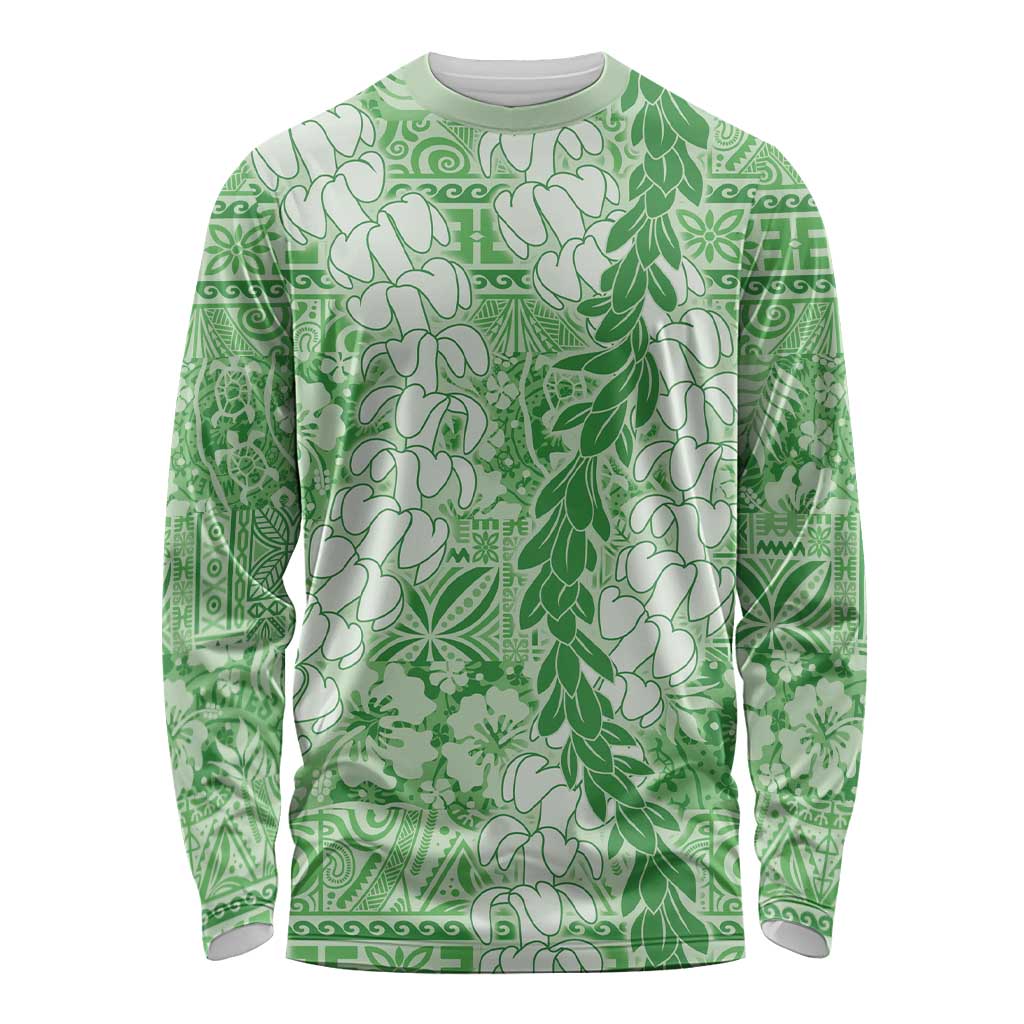 Green Puakenikeni and Maile Lei Long Sleeve Shirt Hawaiian Style Tribal Tapa Double Strand Lei