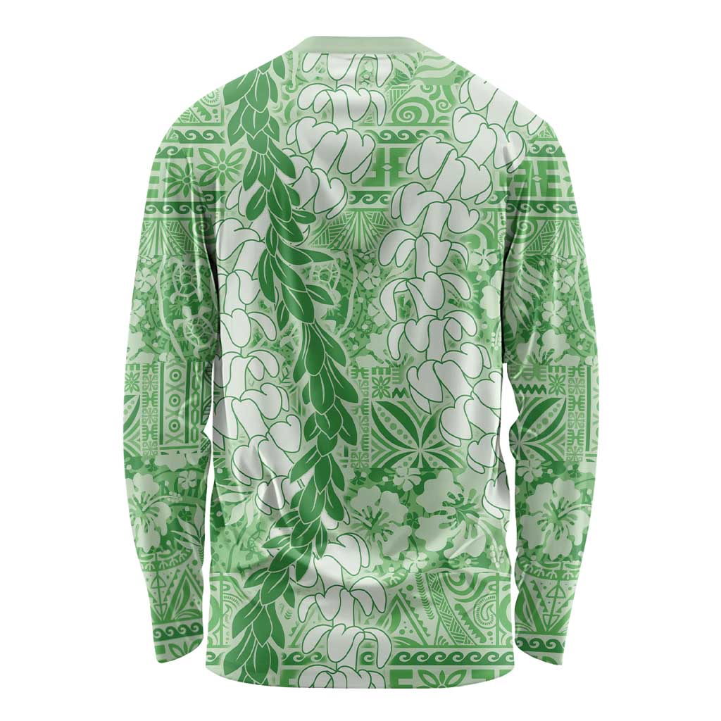 Green Puakenikeni and Maile Lei Long Sleeve Shirt Hawaiian Style Tribal Tapa Double Strand Lei