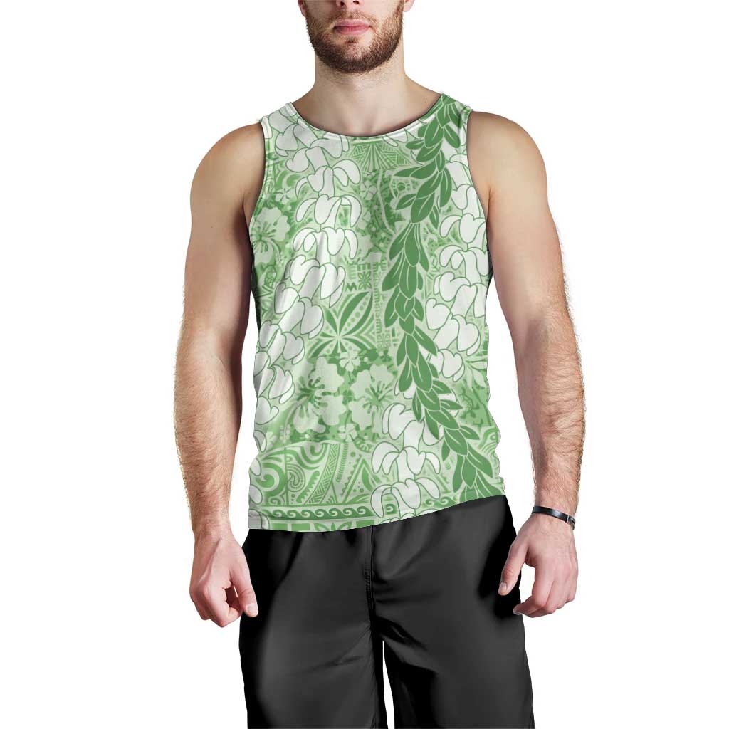 Green Puakenikeni and Maile Lei Men Tank Top Hawaiian Style Tribal Tapa Double Strand Lei