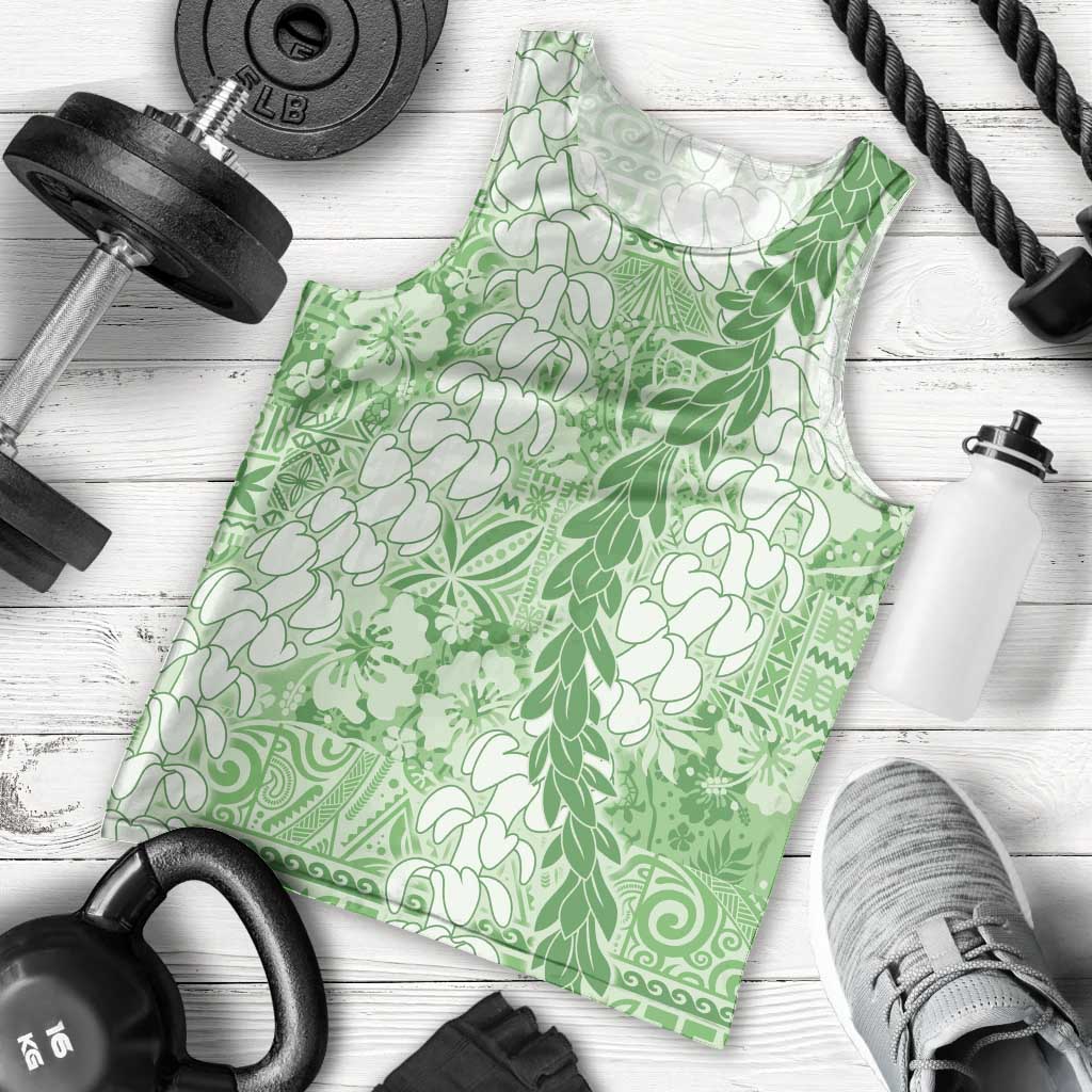 Green Puakenikeni and Maile Lei Men Tank Top Hawaiian Style Tribal Tapa Double Strand Lei