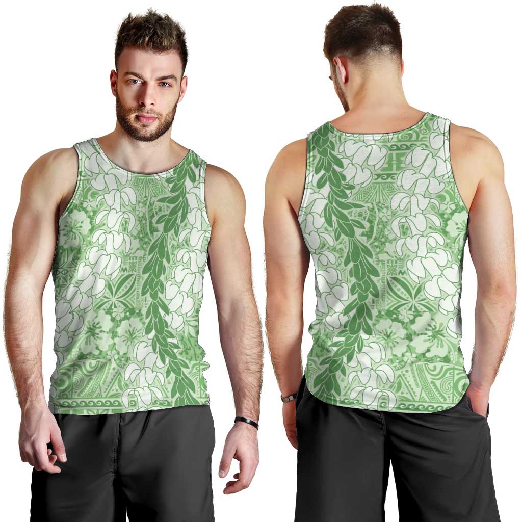 Green Puakenikeni and Maile Lei Men Tank Top Hawaiian Style Tribal Tapa Double Strand Lei