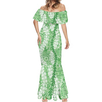 Green Puakenikeni and Maile Lei Mermaid Dress Hawaiian Style Tribal Tapa Double Strand Lei