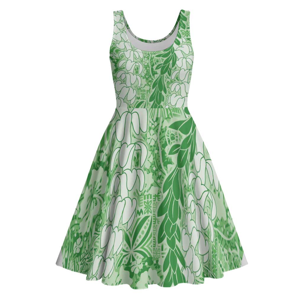 Green Puakenikeni and Maile Lei Midi Dress Hawaiian Style Tribal Tapa Double Strand Lei - Polynesian Pride