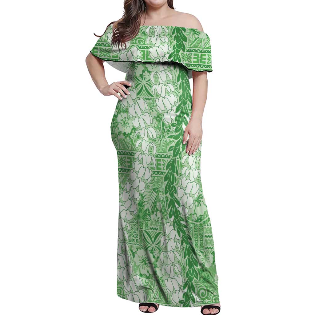 Green Puakenikeni and Maile Lei Off Shoulder Maxi Dress Hawaiian Style Tribal Tapa Double Strand Lei