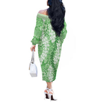Green Puakenikeni and Maile Lei Off The Shoulder Long Sleeve Dress Hawaiian Style Tribal Tapa Double Strand Lei