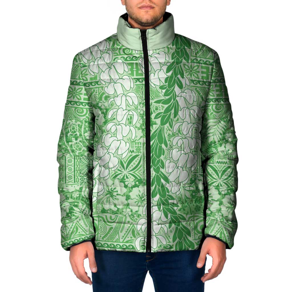 Green Puakenikeni and Maile Lei Padded Jacket Hawaiian Style Tribal Tapa Double Strand Lei - Polynesian Pride