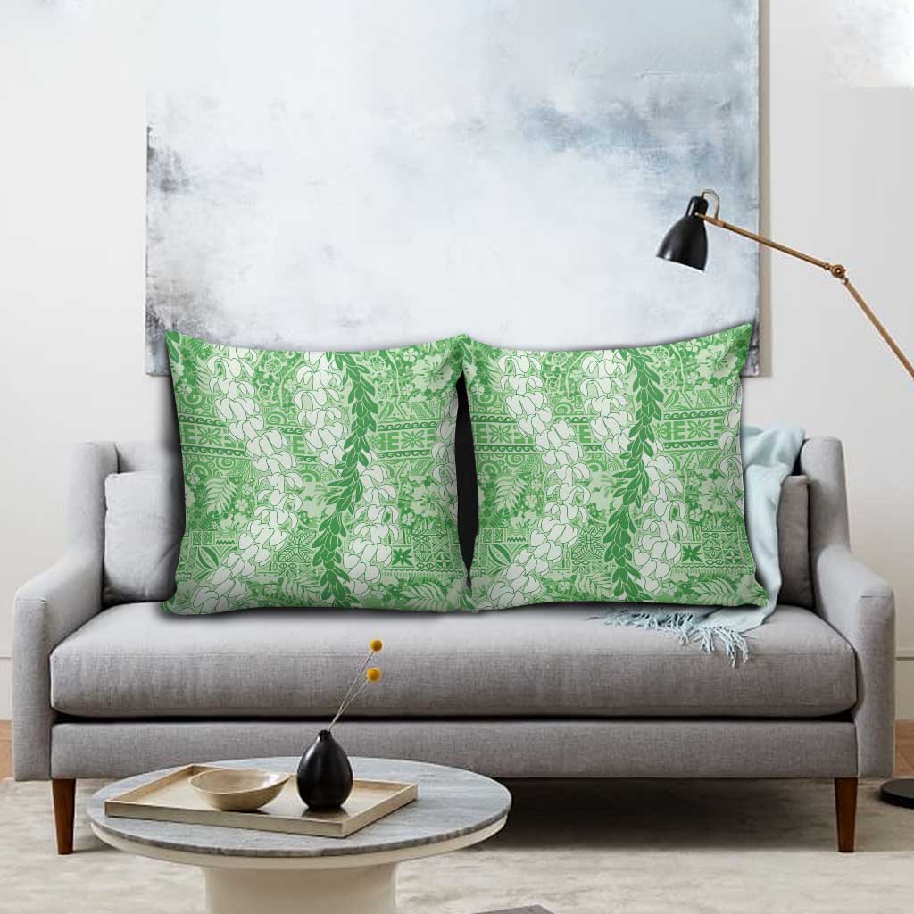 Green Puakenikeni and Maile Lei Pillow Cover Hawaiian Style Tribal Tapa Double Strand Lei - Polynesian Pride