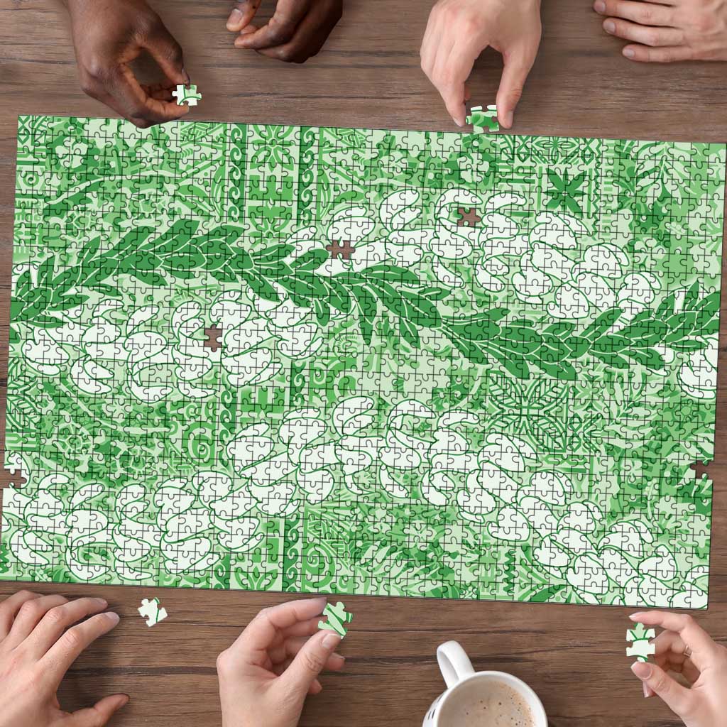 Green Puakenikeni and Maile Lei Puzzle Hawaiian Style Tribal Tapa Double Strand Lei - Polynesian Pride